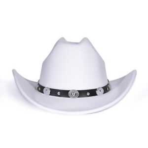 LolliWeaver Women Men Fashion Wide Brim Teardrop Crown Felt Western Cowboy Cowgirl Hat with Silver Studs Leather Hat Band, White