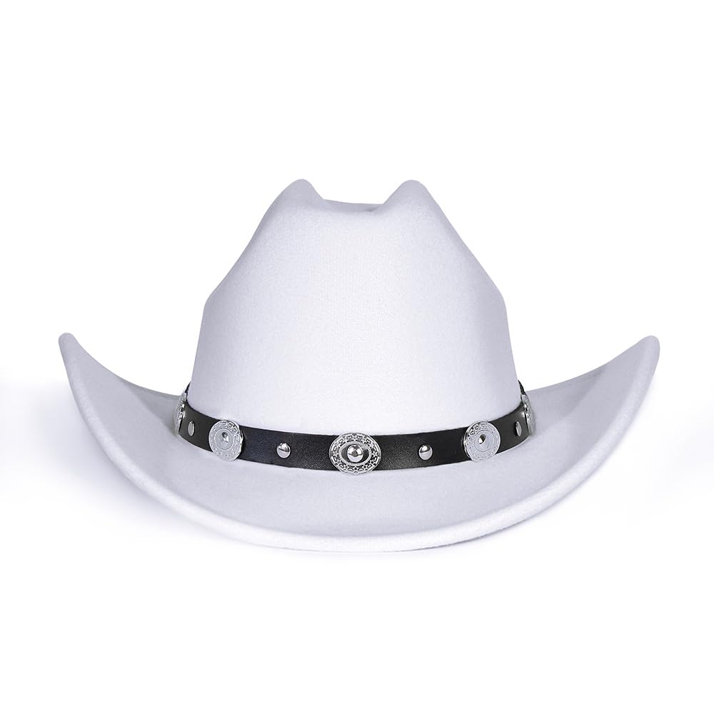 LolliWeaver Women Men Fashion Wide Brim Teardrop Crown Felt Western Cowboy Cowgirl Hat with Silver Studs Leather Hat Band, White