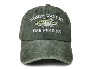 enodtter women want me fish fear me hat trout, fishing gifts, embroidered army green baseball cap for men, adjustable cotton dad hat