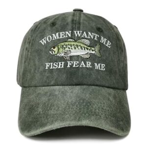 Enodtter Women Want Me Fish Fear Me Hat Trout, Fishing Gifts, Embroidered Army Green Baseball Cap for Men, Adjustable Cotton Dad Hat