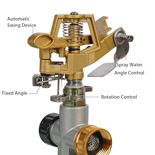 LIULO TOOL 2 Pack Zinc Alloy Impact Sprinklers for Yard, Stainless Steel Pulsating Water Sprinkler Head on Spike Base, Adjustable Water Sprinklers for Large Area Patio Lawn Garden Irrigation