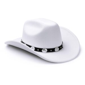 lolliweaver women men fashion wide brim teardrop crown felt western cowboy cowgirl hat with silver studs leather hat band, white