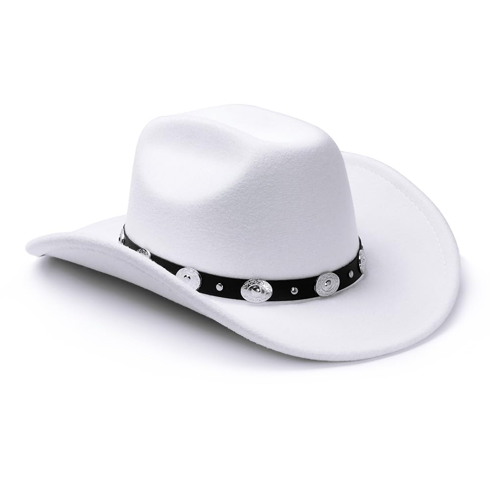 LolliWeaver Women Men Fashion Wide Brim Teardrop Crown Felt Western Cowboy Cowgirl Hat with Silver Studs Leather Hat Band, White