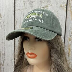 Enodtter Women Want Me Fish Fear Me Hat Trout, Fishing Gifts, Embroidered Army Green Baseball Cap for Men, Adjustable Cotton Dad Hat