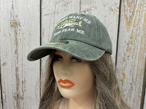 Enodtter Women Want Me Fish Fear Me Hat Trout, Fishing Gifts, Embroidered Army Green Baseball Cap for Men, Adjustable Cotton Dad Hat