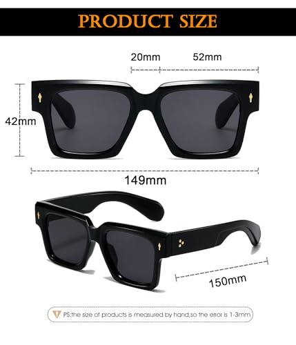 EYLRIM Square Frame Sunglasses for Women Men Trendy Thick Frame Rectangle Sun Glasses Black Shades(01 Black/Grey)