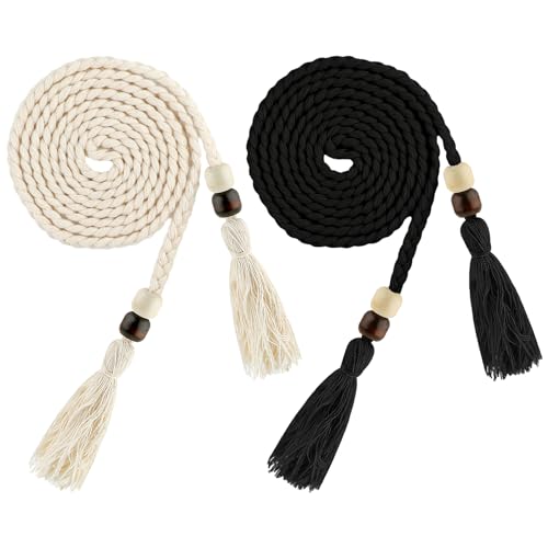 TIESOME 2 PCS Women's Skinny Tassel Waist Belt with Wooden Beads, Black + White Thin Woven Waist Rope Belt for Women Girls Godness Boho Braided Waist Belt Rope Chain for Thin Dresses Skirts Tunics