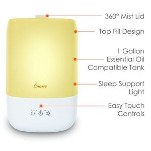 Crane Ultra-Quiet 3-in-1 Humidifier, Essential Oil Aroma Diffuser & Soothing Sleep Light - Compact 1 Gallon Capacity with Adjustable Night Light & Fragrance Tray - Ideal for Bedroom and Office