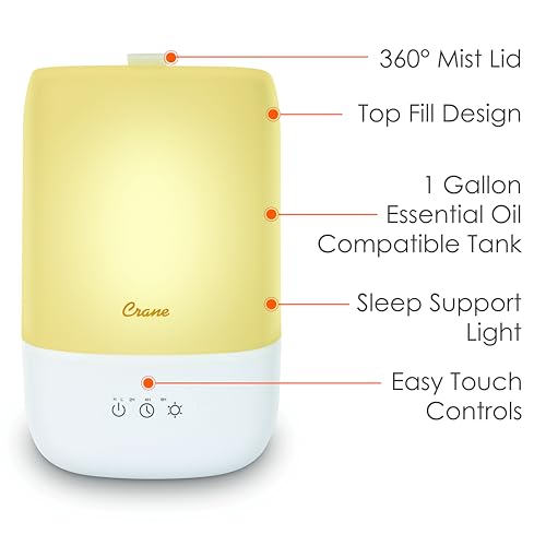 Crane Ultra-Quiet 3-in-1 Humidifier, Essential Oil Aroma Diffuser & Soothing Sleep Light - Compact 1 Gallon Capacity with Adjustable Night Light & Fragrance Tray - Ideal for Bedroom and Office