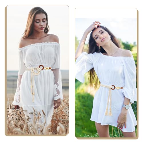 TIESOME Women's Tassel Braided Waist Belt, Skinny Woven Belt for Dress Waist Belt Rope Chain with Woven Wooden Beads for Women Girls Godness (White)