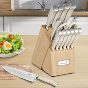 Kuisine Chef Knife Set,High Carbon Stainless Steel Ultra Sharp Blade Ergonomic Handle, Kitchen Knife Block Set with Built-in Sharpener,Elegant Gift for Holiday(Ivory Pro,15PCS)