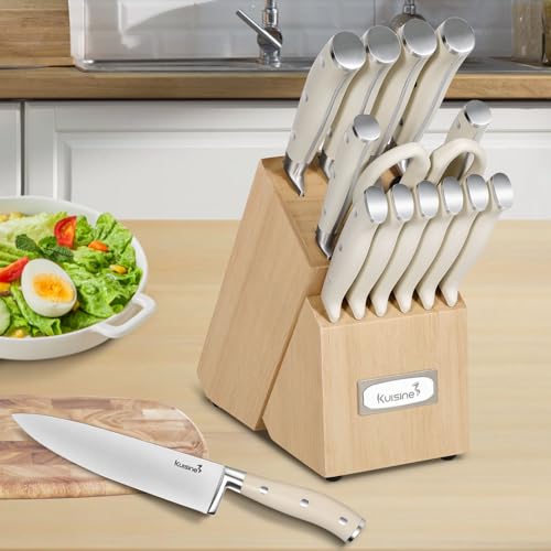 Kuisine Chef Knife Set,High Carbon Stainless Steel Ultra Sharp Blade Ergonomic Handle, Kitchen Knife Block Set with Built-in Sharpener,Elegant Gift for Holiday(Ivory Pro,15PCS)