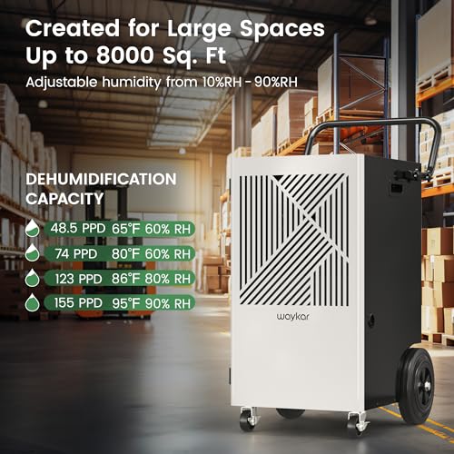 Waykar 155 Pints Commercial Dehumidifier with Pump, Drain Hose and Washable Filter Space up to 8000 Sq. Ft, for Basements, Industrial or Commercial Spaces - 5 Year Quality Coverage