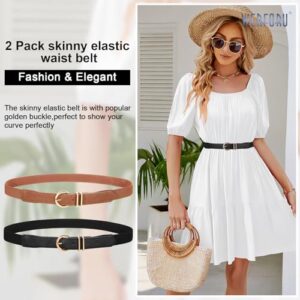 WERFORU 2 Pack Women Elastic Waist Belt Gold Buckle Belt,Black+Brown