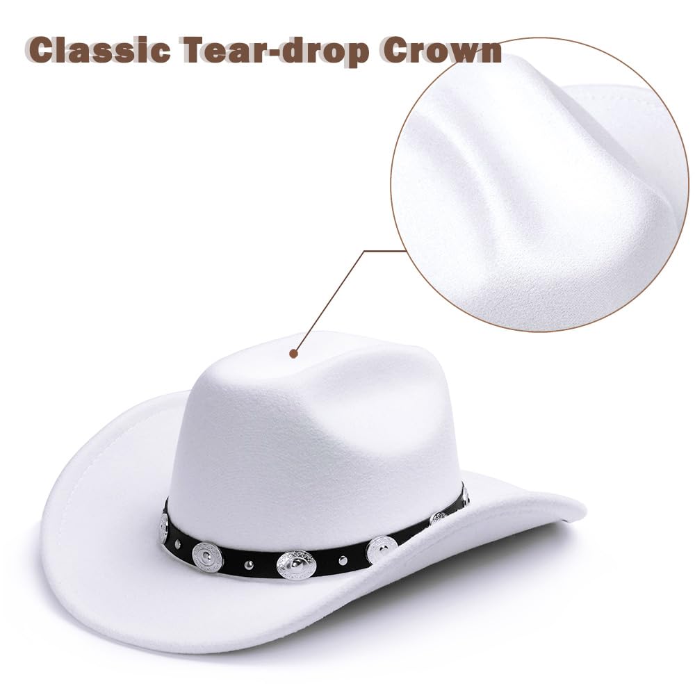 LolliWeaver Women Men Fashion Wide Brim Teardrop Crown Felt Western Cowboy Cowgirl Hat with Silver Studs Leather Hat Band, White