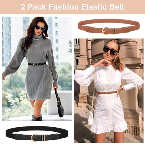 WERFORU 2 Pack Women Elastic Waist Belt Gold Buckle Belt,Black+Brown