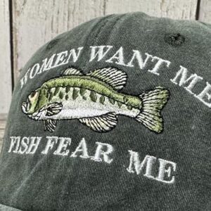 Enodtter Women Want Me Fish Fear Me Hat Trout, Fishing Gifts, Embroidered Army Green Baseball Cap for Men, Adjustable Cotton Dad Hat