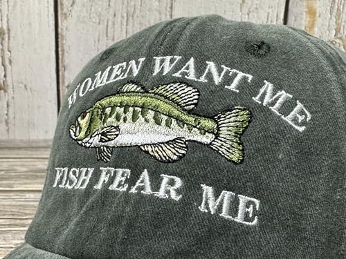 Enodtter Women Want Me Fish Fear Me Hat Trout, Fishing Gifts, Embroidered Army Green Baseball Cap for Men, Adjustable Cotton Dad Hat