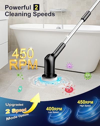 Electric Spin Scrubber, Upgraded Cordless Cleaning Brush, 2 Speeds (Up to 450 RPM), 3 Replaceable Brush Heads, 53inch Adjustable & Detachable Handle - Perfect for Bathroom, Tub, Tile, and Floor