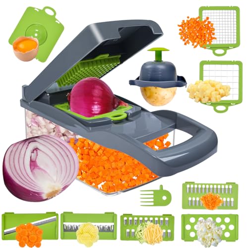 Vegetable Chopper,12-in-1 Multifunctional Veggie Chopper,Grey Kitchen Vegetable Slicer Dicer Cutter,Potato Onion Food Chopper with Vegetable Peeler,Hand Guard and Container