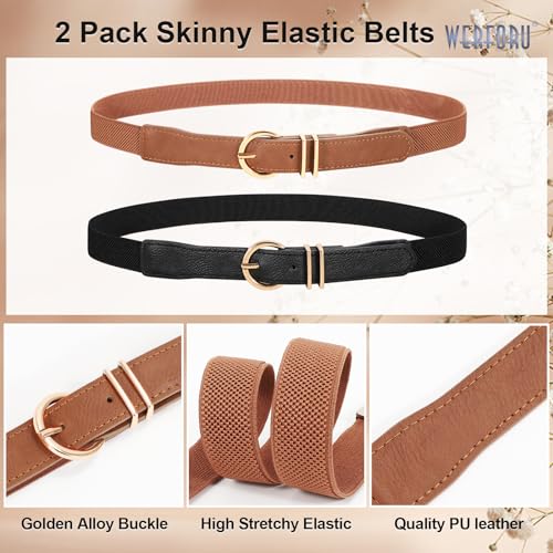 WERFORU 2 Pack Women Elastic Waist Belt Gold Buckle Belt,Black+Brown