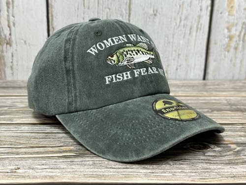 Enodtter Women Want Me Fish Fear Me Hat Trout, Fishing Gifts, Embroidered Army Green Baseball Cap for Men, Adjustable Cotton Dad Hat