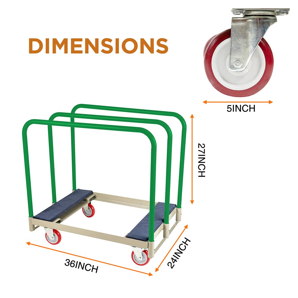 Yeeoy Steel Panel Truck with Swivel Casters and Wood End, Heavy Duty Panel Dolly Cart Drywall Sheet Cart with 3 Standard Upright, 1500 lbs Capacity Platform Truck Cart, 36" Length x 24" Width