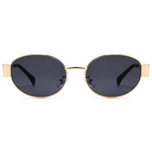 Hycredi Retro Oval Sunglasses for Women Men, Trendy Sun Glasses 90s Classic Metal Frame Shadess-Gold/Grey