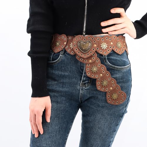 Dazzleimart Hollow Disc Belt Western Style Exaggerated Cowboy Wide Disc Belt Metal Buckle Vintage Soft Belt for Women (Brown)