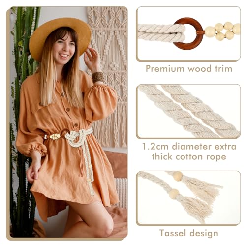 TIESOME Women's Tassel Braided Waist Belt, Skinny Woven Belt for Dress Waist Belt Rope Chain with Woven Wooden Beads for Women Girls Godness (White)