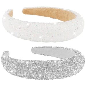 ahoney 2 pack rhinestone headband for women girls, glitter sequin beaded pearls padded headbands for women prom wedding sparkly hair bling birthday hair accessories (silver&white)