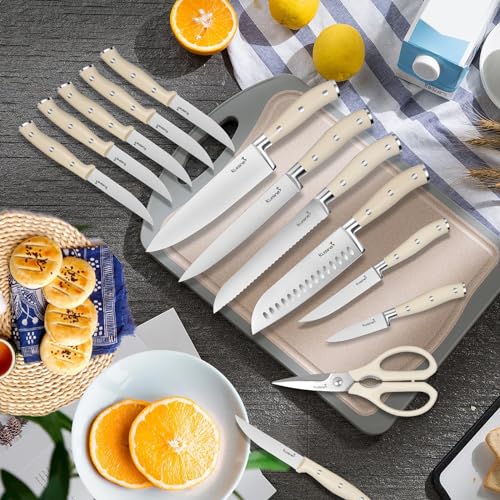 Kuisine Chef Knife Set,High Carbon Stainless Steel Ultra Sharp Blade Ergonomic Handle, Kitchen Knife Block Set with Built-in Sharpener,Elegant Gift for Holiday(Ivory Pro,15PCS)