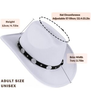 LolliWeaver Women Men Fashion Wide Brim Teardrop Crown Felt Western Cowboy Cowgirl Hat with Silver Studs Leather Hat Band, White