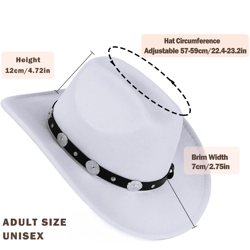 LolliWeaver Women Men Fashion Wide Brim Teardrop Crown Felt Western Cowboy Cowgirl Hat with Silver Studs Leather Hat Band, White