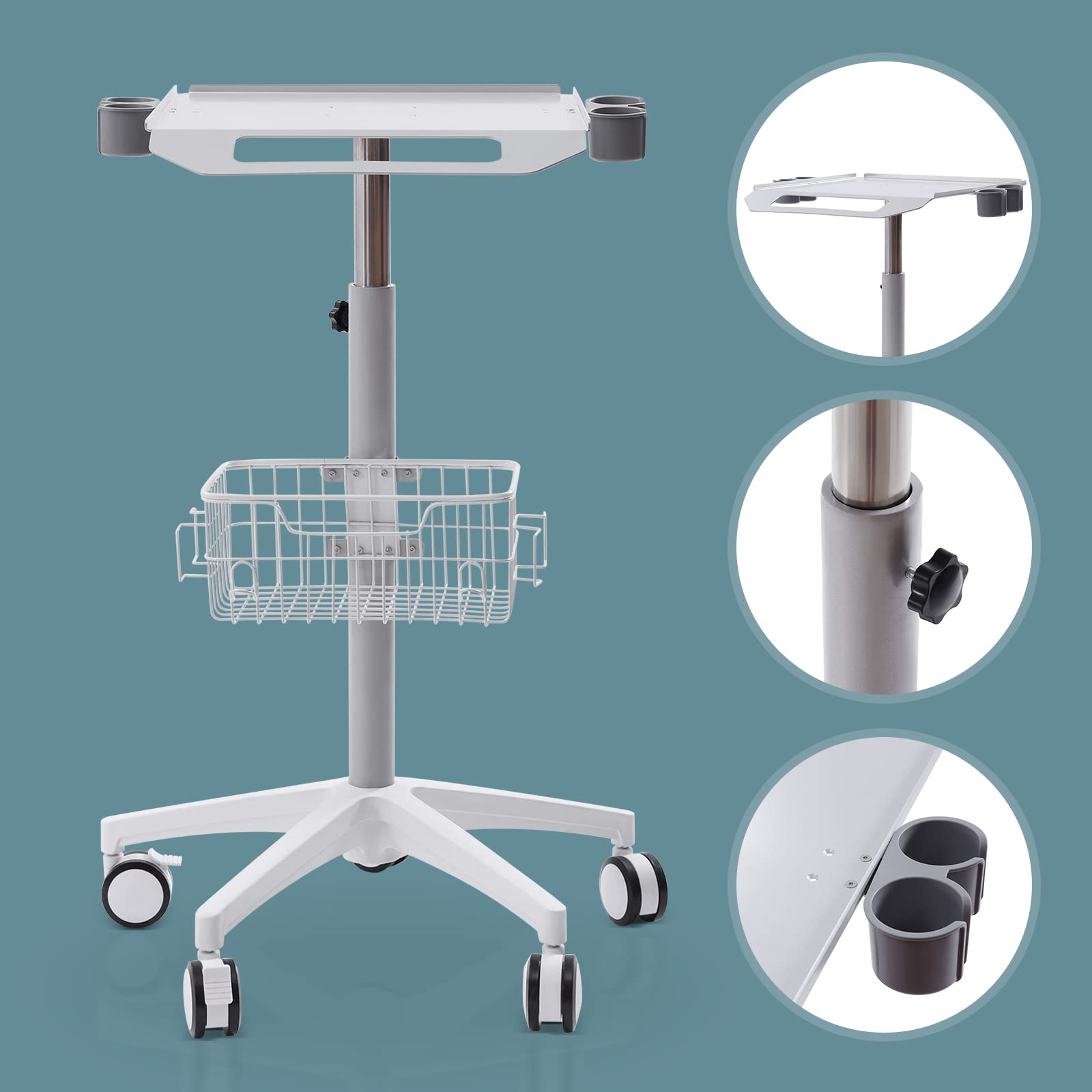 Mobile Trolley Cart Medical Cart with Wheels 33.46 * 43.71inch Height Adjustable Stainless Steel Salon Cart Rolling Desktop Lab Cart with 19.3 * 16.9inch Large Tabletop