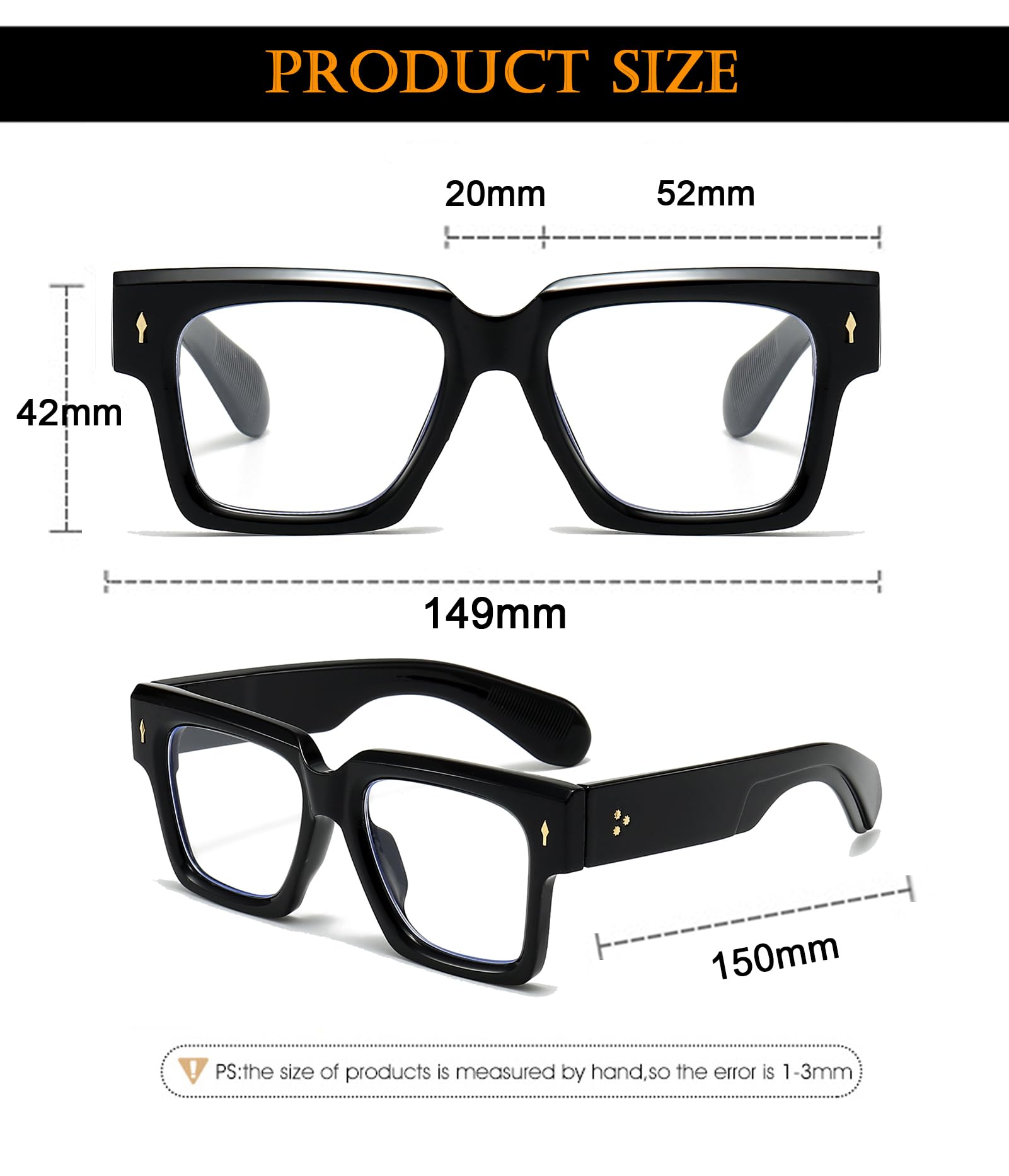 EYLRIM Square Frame Glasses for Women Men Fashion Thick Frame Blue Light Glasses Non Prescription Eyeglasses(Black)