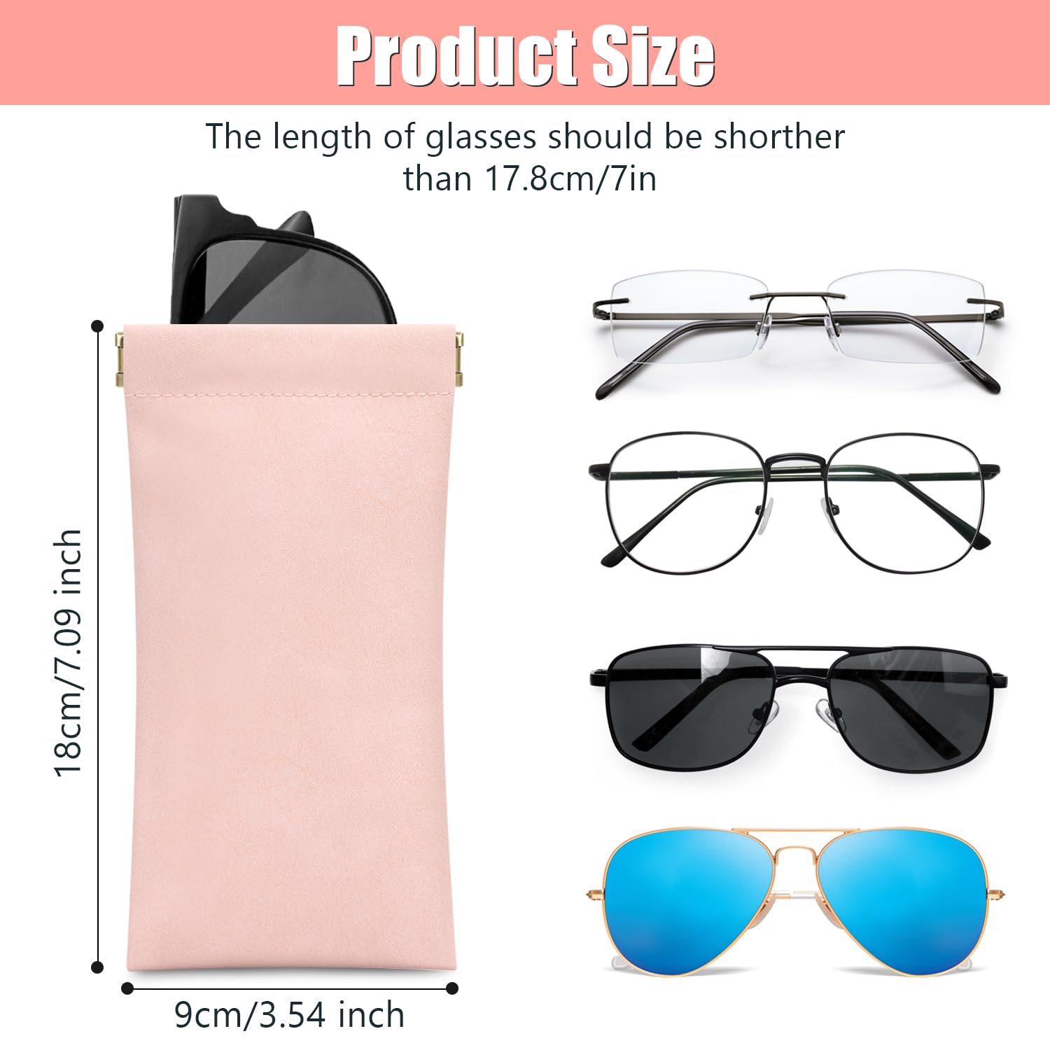 Sightor Sunglass Case, 2 Pcs Travel Soft Eyeglass Cases for Women Portable Squeeze Top Leather Glasses Pouch (Black, Rose)