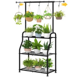 simple trending plant stand indoor outdoor, heavy duty metal 3 tiered hanging plant shelf for multiple flower planter holder tall large rack for living room garden balcony, black