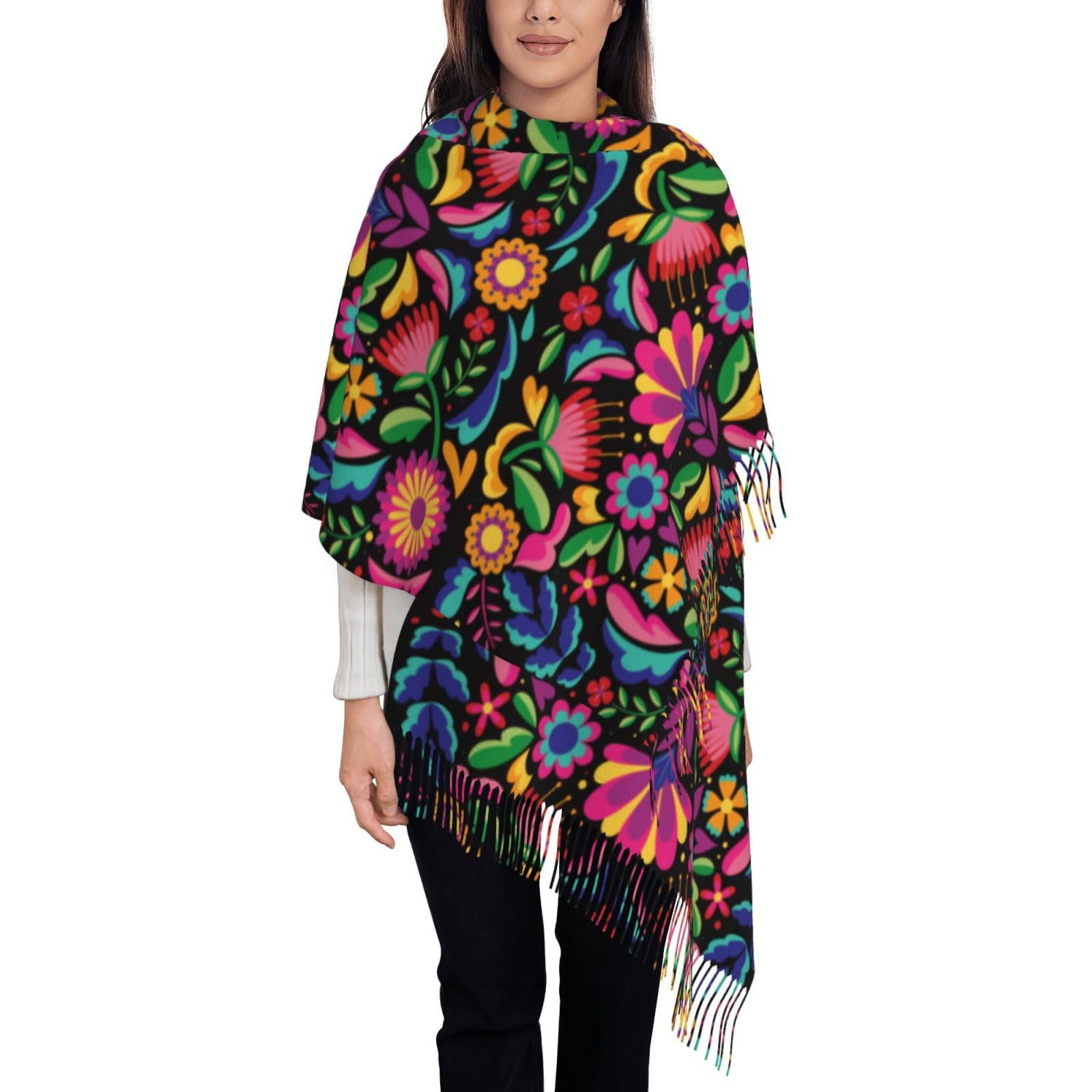 Dsiflylife Black Shawls and Wraps for Women Mexican Floral Soft Large Warm Blanket Scarf for Evening Dresses (Style2)