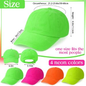 Cozypower 4 Pcs Neon Hats for Women Men Cotton Hat Adjustable Neon Hat for Outdoor Activities Season (Baseball Hat)