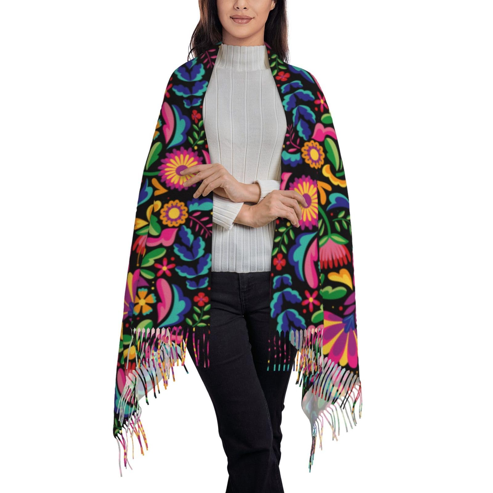 Dsiflylife Black Shawls and Wraps for Women Mexican Floral Soft Large Warm Blanket Scarf for Evening Dresses (Style2)