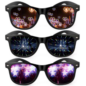 3pcs diffraction glasses, 3d prism rainbow heart star effect light refraction glasses rave glasses women men for edm party