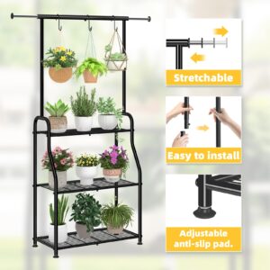 Simple Trending Plant Stand Indoor Outdoor, Heavy Duty Metal 3 Tiered Hanging Plant Shelf for Multiple Flower Planter Holder Tall Large Rack for Living Room Garden Balcony, Black