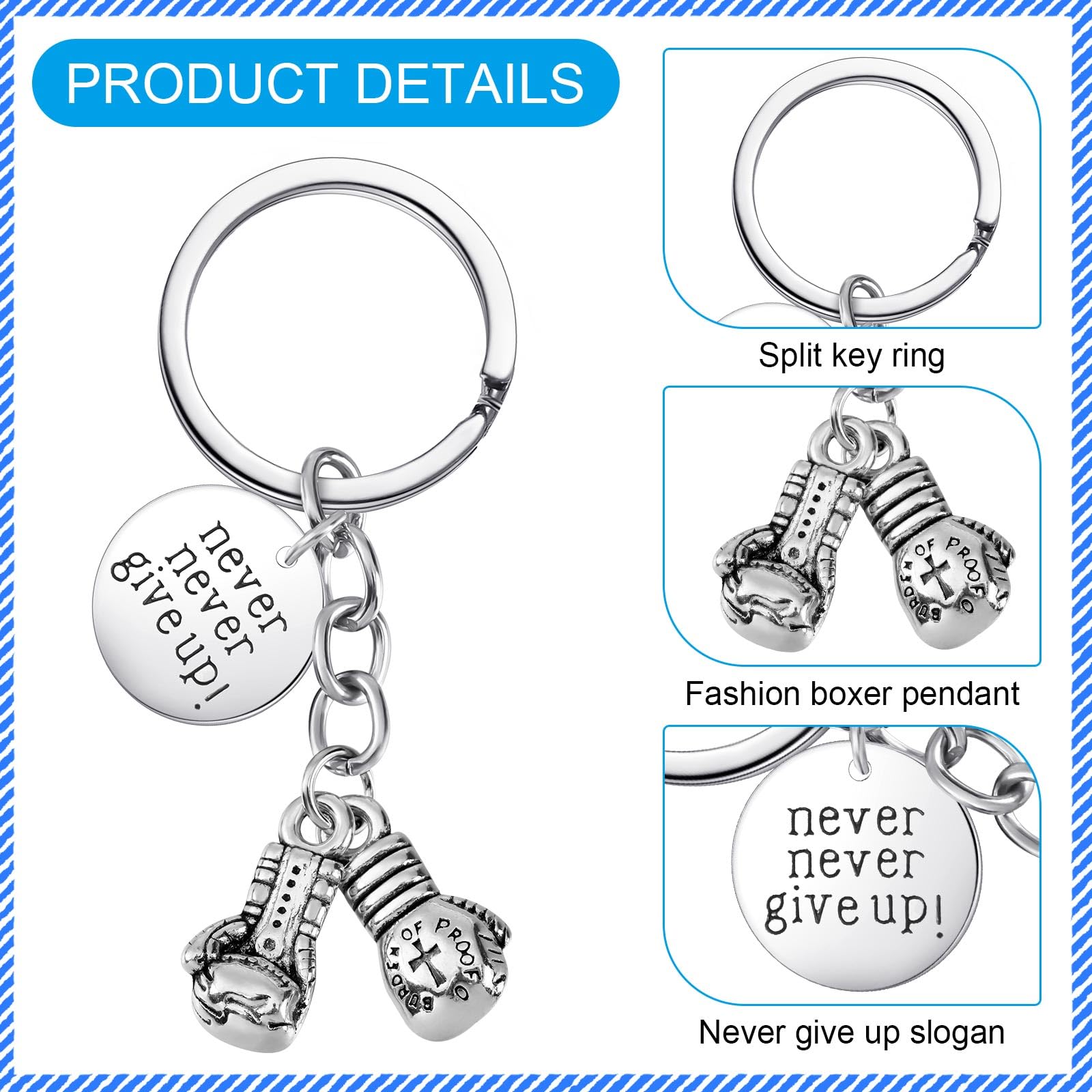 Loetere 24 Sets Never Give up Boxing Keychain Boxing Gloves Charm Keyring with Thank You Tag and Organza Bag Inspirational Keychain Gift for Boxers Appreciation Gift Fitness Gift Boxer Fan Gift