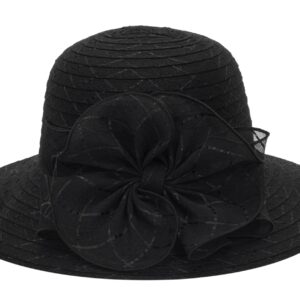 Women Organza Church Hat - Wide Brim Sun Hat Wedding Bridal Flower Church Hat Fascinator Hat (US, Alpha, Medium, Black)