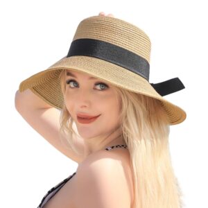 beach hats for women - wide brim sun straw hat for women, upf 50+ uv sun protection sun hat womens, floppy sun hat foldable roll up cap, khaki