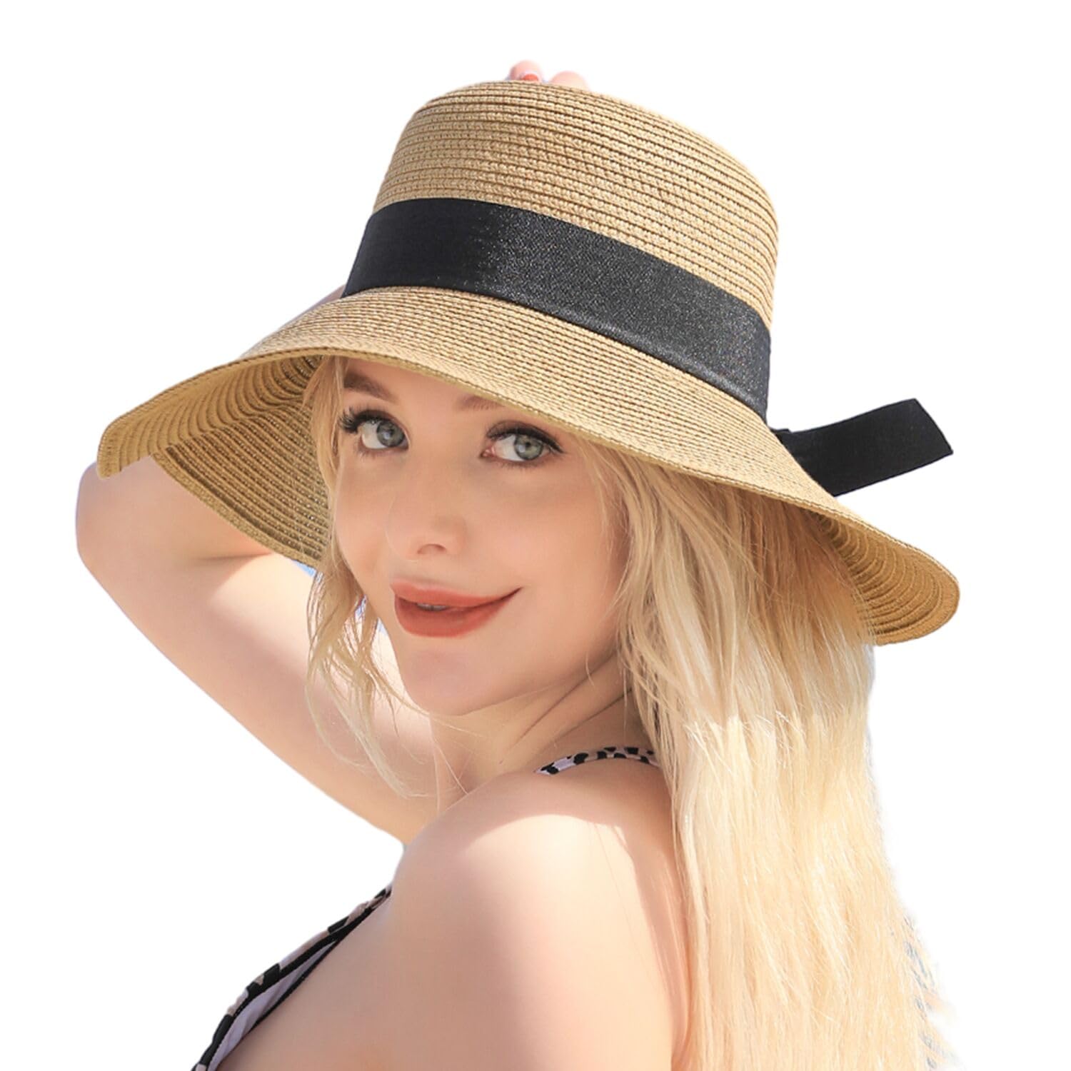 Beach Hats for Women - Wide Brim Sun Straw Hat for Women, UPF 50+ UV Sun Protection Sun Hat Womens, Floppy Sun Hat Foldable Roll up Cap, Khaki