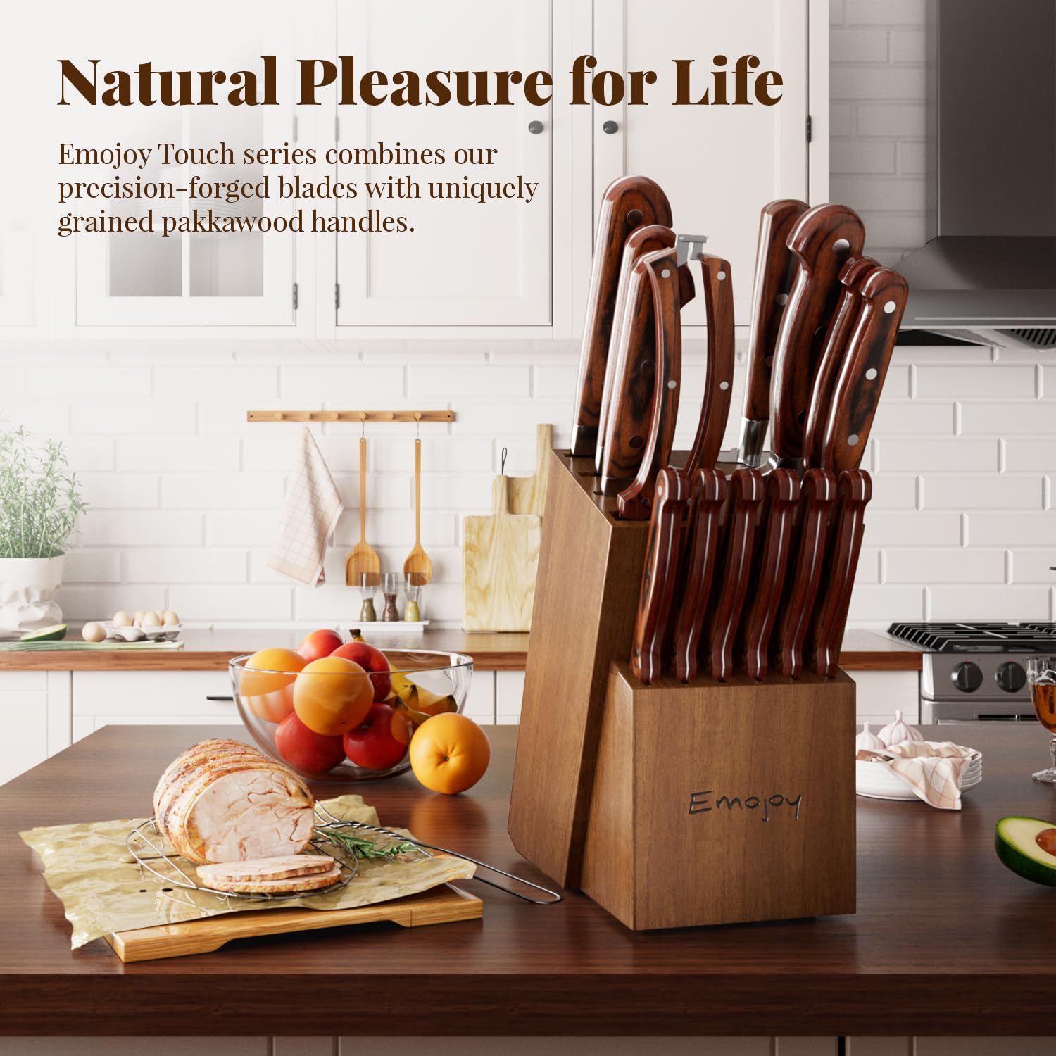 Knife Set, 15-pcs Emojoy Kitchen Knife Set with Block, Premium Kitchen Knives with Heavy Poultry Shears, Sharpener and 6pcs Serrated Steak Knives