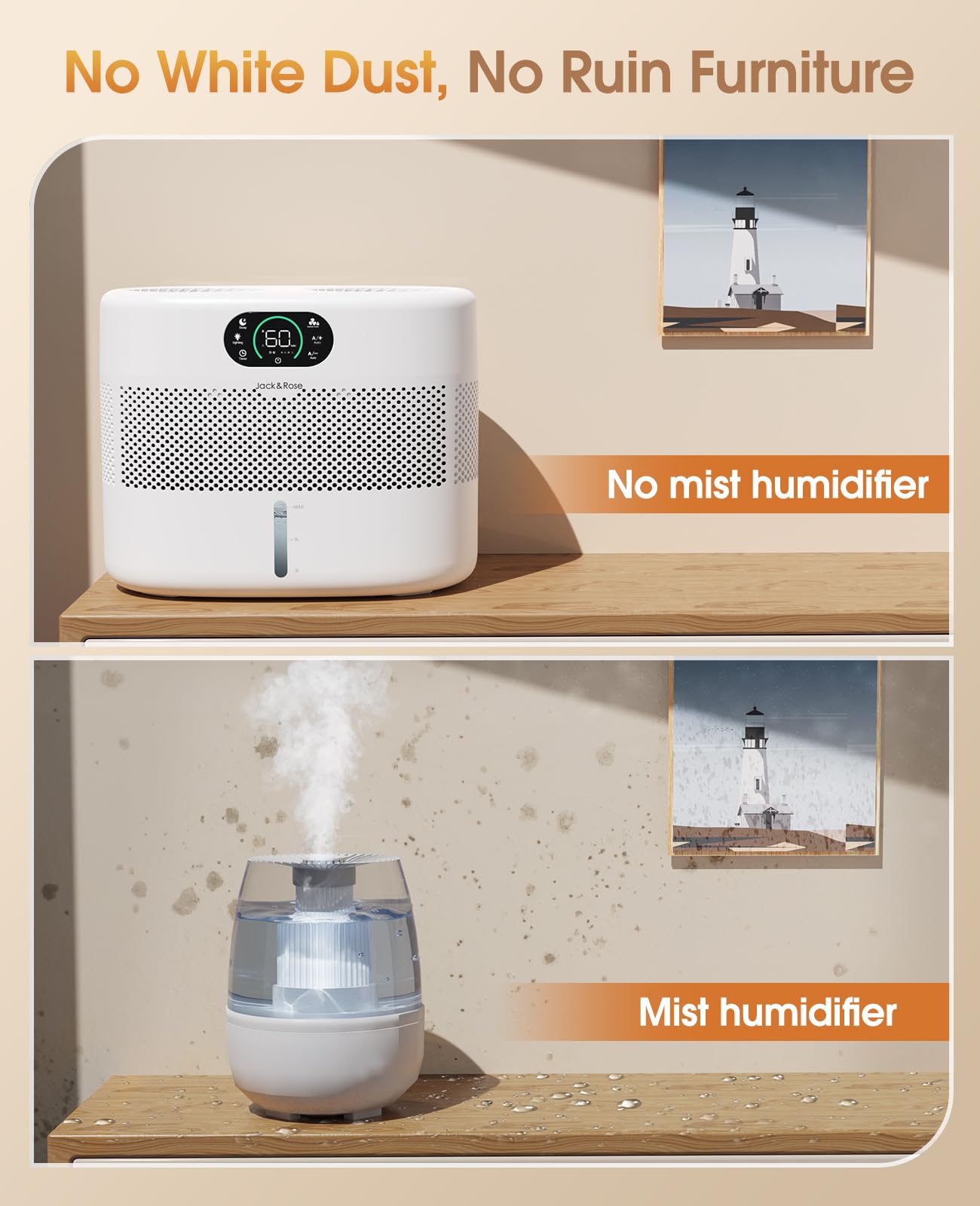 Reuseable Wick Evaporative Humidifier for Bedroom Quiet Healthy Baby Humidifier, No White Dust, Evaporative Humidifier Large Room 800ml/h 3 Speeds, 2 Gal, Timing, Auto Shut off