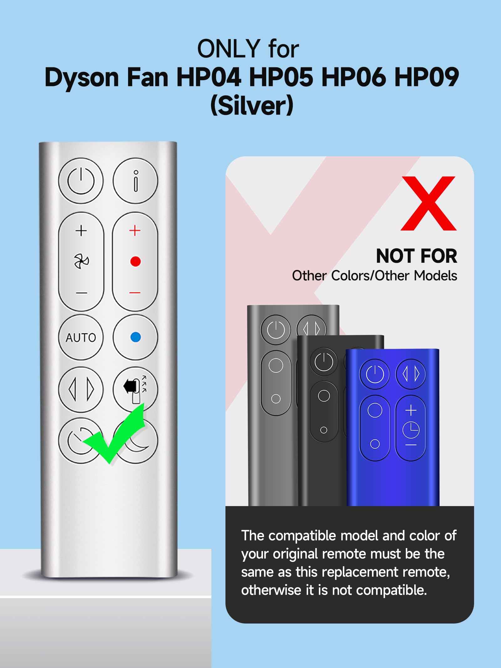 New Replacement Remote Control for Dyson HP04 HP05 HP06 HP09 Hot + Cool Purifying Fan/Heater - Silver, Without Magnetic Function